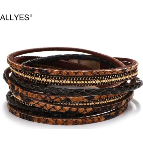 ALLYES Genuine Leather Bracelets for Women Fashion Bohemian Snake skin Pattern Charm Bracelets Female Jewelry
