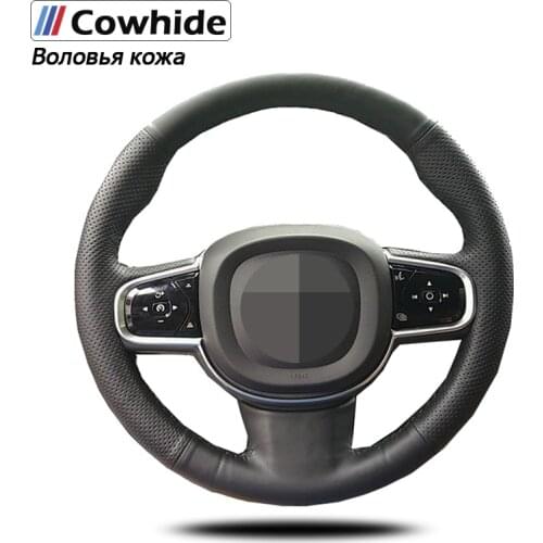 Handsewing Black Genuine Leather Steering Wheel Covers For Volvo XC90 2015 2016 2017