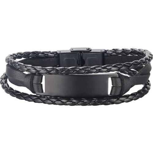 Stainless Steel Black Leather Charm Bracelet Men Multi-layer Braided Handmade Bangle Fashion Jewelry Accessories Friendship Gift