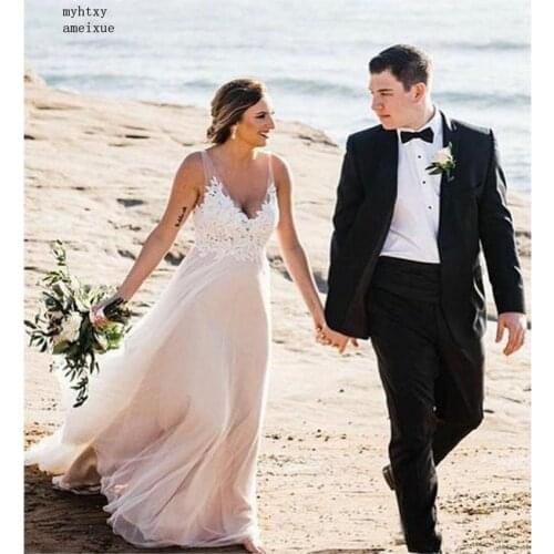 Cheap Beach Wedding Dreess 2020 V Neck Floor Length Bride Dress Lace Appliques Backless Modest Hot Sale Vestido De Noiva