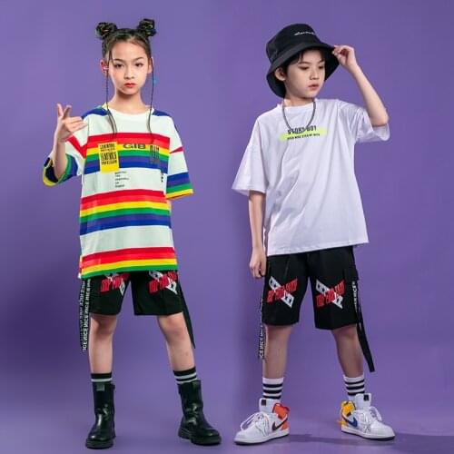 Kids Ballroom Hip Hop Clothing Stripe Oversized T Shirt Tops Streetwear Summer Cargo Shorts for Girl Boy Dance Costume Clothes
