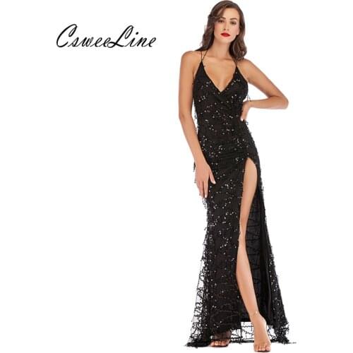 High Slit Gold Sequin Long Maxi Dress Tassels V-neck Sexy Evening Party Long Dress Spaghetti Strap Women Black Dresses Vestidos