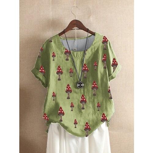 Womens casual T-shirt summer mushroom print round neck loose comfortable shirt fashion womens short sleeve digital print top