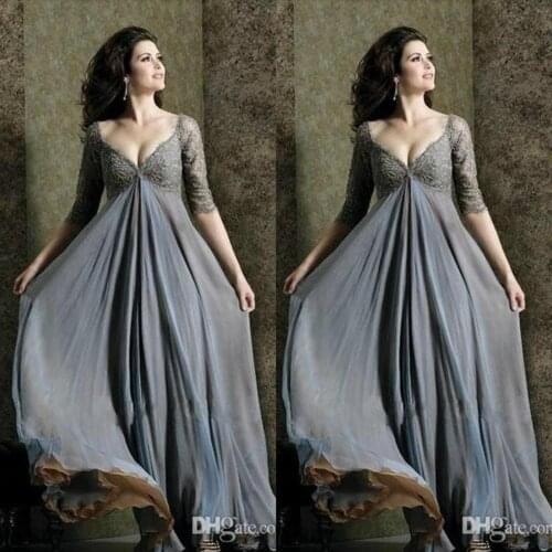 Lace Mother Of The Bride Dresses Sleeves A-Line V-Neck Empire Waist Mother Of Groom Dress Chiffon Evening Gowns