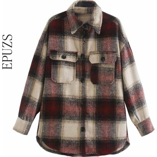 Vintage Chic Plaid Shirt Jackets Women winter coat Fashion Pockets Lapel Collar casual jacket female thick Outerwear
