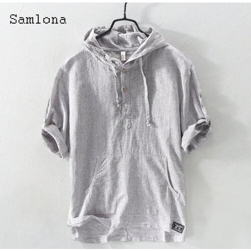 Samlona Fashion Linen Shirt Hooded Tops Sexy Men clothing 2021 Summer Casual Pullovers Gray Khaki Mens Blouse Plus size S-3XL