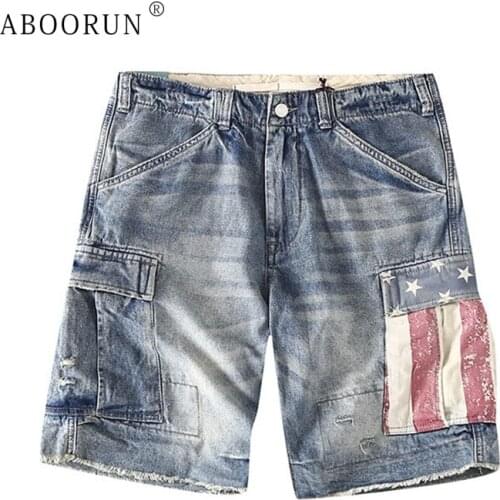 ABOORUN 2021 Mens Summer Ripped Denim Cargo Shorts Multi Pockets Camouflage Jean Shorts for Male