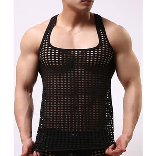 Mens Tank Tops Undershirts Mesh Hollow Out See Through Colorful Gay Shirts Fishnet Sexy T Shirts Sports Fitness Tops S-XL