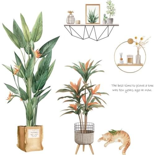 Nordic Style Green Leaf Pot Wall Stickers Living Room Bedroom Kids Rooms Wall Decor Cute Cat Wall Decals PVC Home Decor