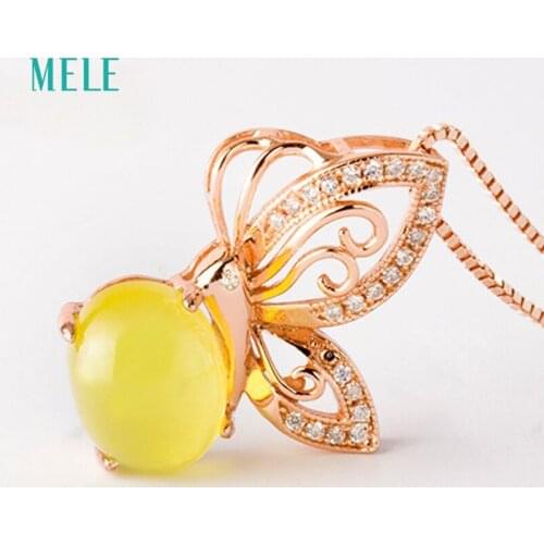 Natural prehnite 925 silver pendant, oval 8mm*10mm, yellow color, romantic gift for friends, beautiful butterfly