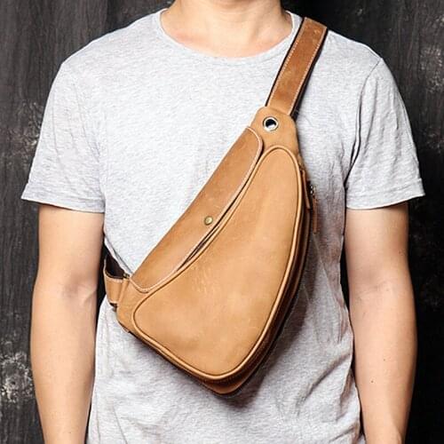 2021 new top layer leather mens close-fitting chest bag fashion sports chest packs shoulder bag leather diagonal bag
