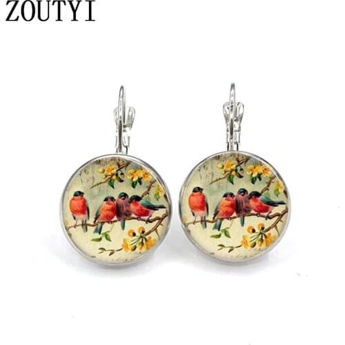 New/glamour retro fashion friendship bird photo, convex and concave glass vintage silver color jewelry female earrings