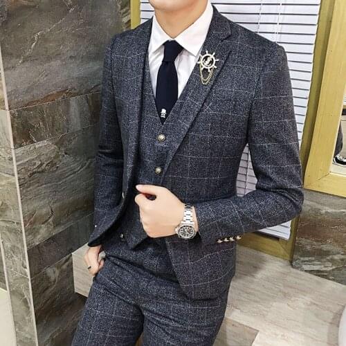 Jackets + Vest + Pants ) 2019 New Mens Fashion Boutique Plaid Formal Business Suit / High-end Brand Groom Wedding Dress Suit