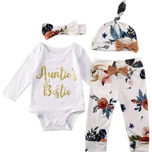 Letter Auntie´s Floral Newborn Infant Baby Girls Long Sleeve Cotton Romper Pants Bow Headband Hat 4Pcs Outfits Autumn Clothes