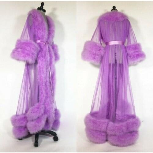 Luxury Feather Bathrobe Womens Bath Gown Tulle Illusion Long Bridal Robe Wedding Nightgown