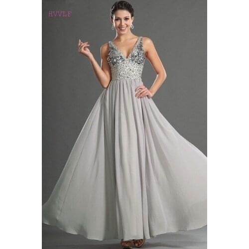 Silver Evening Dresses A-line V-neck Chiffon Beaded Crystals Plus Size Long Evening Gown Prom Dresses Robe De Soiree