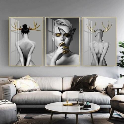 Nordic Poster Black And White Wall Art Canvas Painting For Girls Gold Elk Antler Wall Pictures Women For Living Room Home Decor