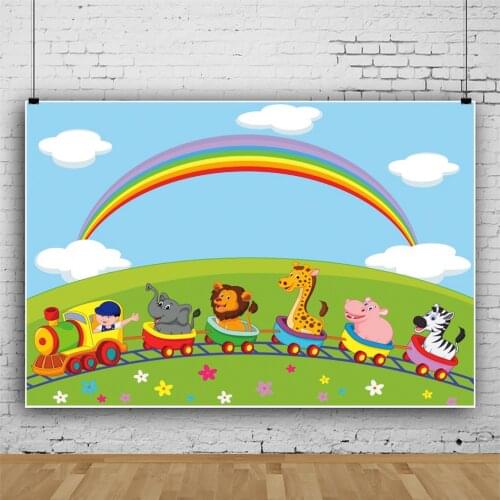 Grass Rainbow Cartoon Painted Animal Train Backdrops Photos Background Decors for Kids Birthday Portrait Photography Props
