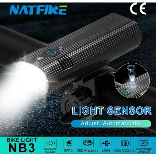 NATFIRE NB3 Bicycle Light with Light Sensor 3200mAh 7 Hours USB Rechargeable LED Headlight Bike Front and Rear Lamp Flashlight