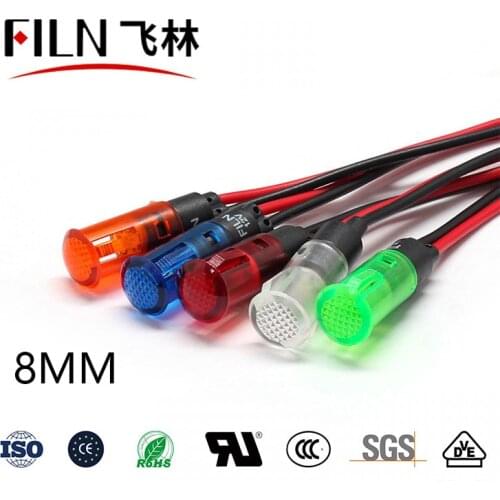 FILN YueQing high quality 8mm led miniature indicator light 12v 48v 110v red yellow signal lamp with wire