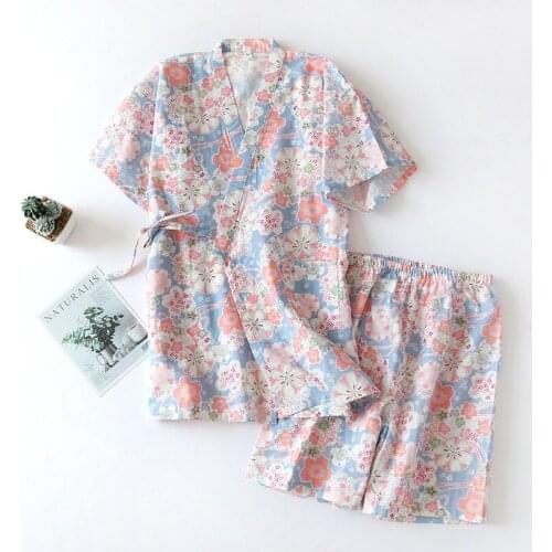197 Cotton Pijama Women Homewear Flower Print Short Tops Kimono Shorts Casual Sleepwear Shirts Summer Pajama Loose Pajamas Set