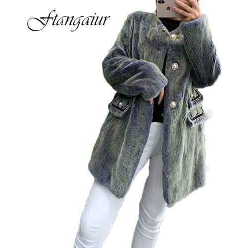 Ftangaiur 2020 Winter Import Velvet Mink Fur Coat O-Neck Retro Solid Loss Mink Coat Women Medium Natural Real Mink Fur Coats