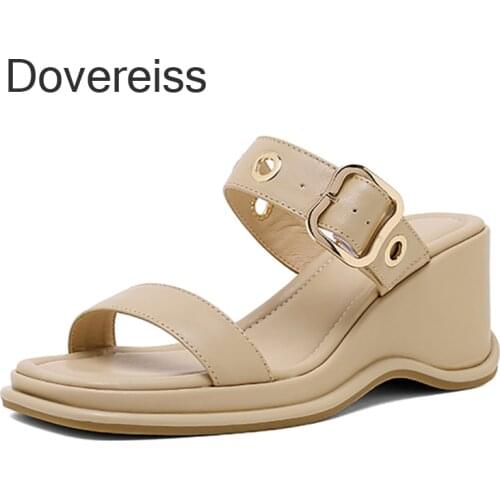 Dovereiss Fashion Womens Shoes Summer Consice Sexy Genuine Leather Waterproof Wedges Sexy White Elegant Slippers