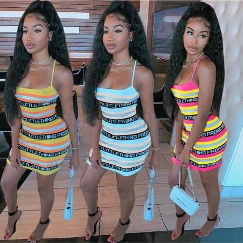 2021 Letter Print Striped Strap Mini Dress Sexy Skinny Bodycon Ladies Summer Elegant Vintage Vestidos Sundress Streetwear Robes
