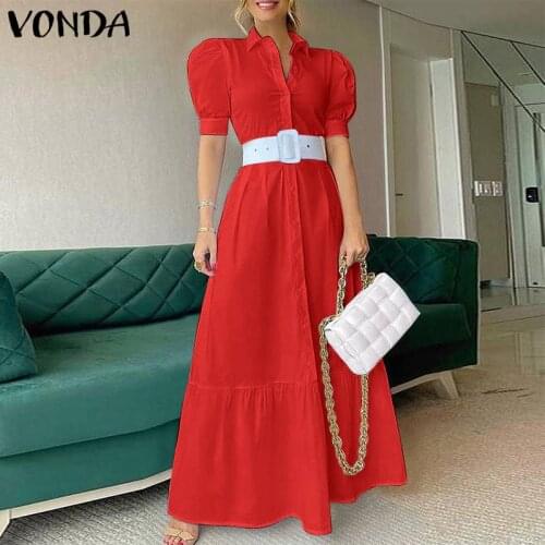 Maxi Dress Women Summer Sundress 2021 VONDA Vintage Turn-down Collar Button Up Shirt Dress Oversized Casual Vestidos Robe Femme