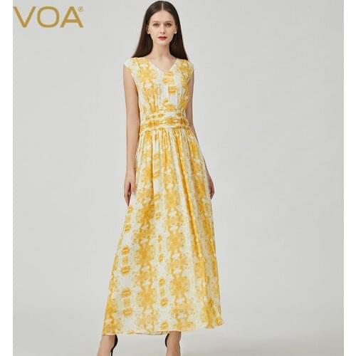 VOA Silk Georgette Yellow V-neck Resin Solid Color Pleated Print Short-sleeved Double-layer Large Swing Long Women Dress AE1083