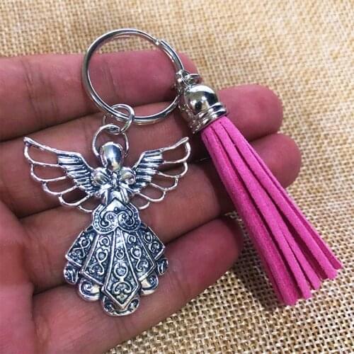 1pc Silver Color Angel Keychains With Pink Tassel Keyring Memory Keyring Tassel Keyring Angel Keychain Bag keychain Car keychain