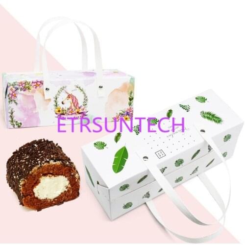 100pcs/lot Green leaf Unicorn Cake Roll Box with Handle , Swiss Roll handbag, chiffon milk roll box, towel roll box