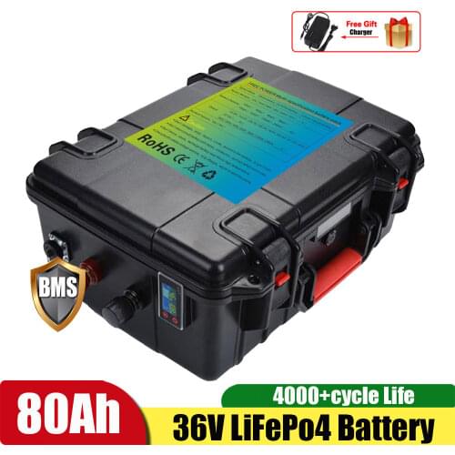Waterproof Lifepo4 battery 36V 80Ah 60Ah with BMS for 80lbs 112lbs trolling motor sea fishing boats +10A charger