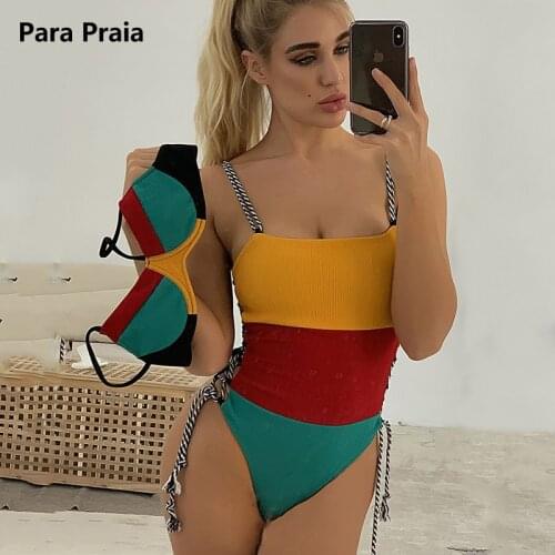 2021 Sexy One Piece Swimsuit Patchwork Swimwear Women Swimming Suit Halter Monokini Bandage Bathing Suit Women Bodysuit