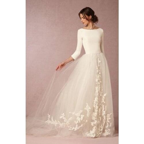 Ivory Satin High Neck Wedding Gowns With Sleeves Low Backless Lace Robe de Soiree 2016 Bridal Dresses