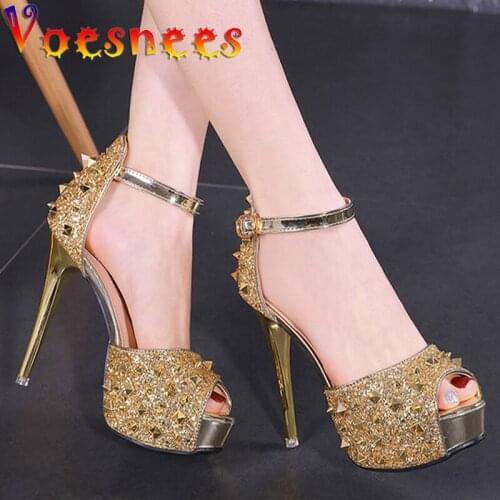 Voesnees 2021 New Women shoes High-heeled Platform Fashion Rivet Sequined Stiletto Sandals Peep Toe Female Model Catwalk Shoes