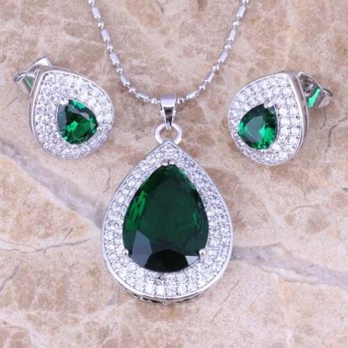 Divine Green Cubic Zirconia White CZ Silver Plated Earrings Pendant Necklace Jewelry Sets S0745