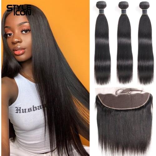 Brazilian Straight Hair Lace Frontal Closure With Bundles Non-Remy Straight Human Hair With Frontal 3 Bundles With Frontal