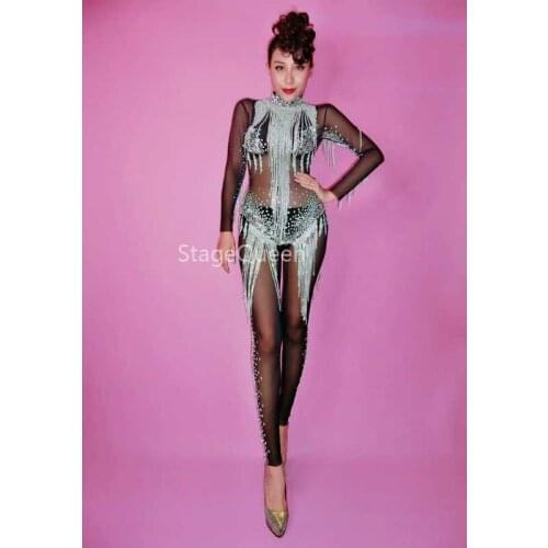 Crystals Black Mesh Jumpsuit Bright Silver Rhinestones Tassel Bodysuit Womens Celebrate Luxurious Costume See Through Jumpsuit