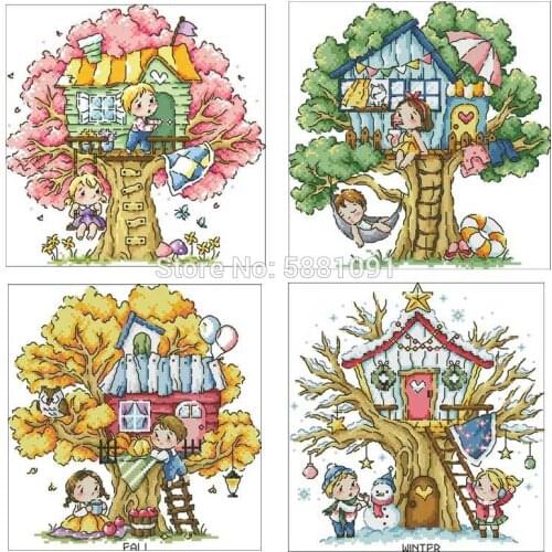 Four seasons tree house patterns Counted Cross Stitch 11CT 14CT 18CT DIY Cross Stitch Kits Embroidery Needlework Sets home decor