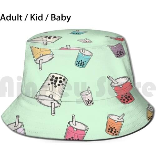 Colorful Boba Bubble Tea Green Pattern Sun Hat Foldable UV Protection Boba Boba Tea Bubble Tea Tiger Sugar Thai Tea