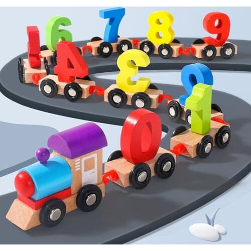 Mini Wood Train Toy Number Wooden Train Figures Railway Kids Educational Toy Model Building Kits Toys