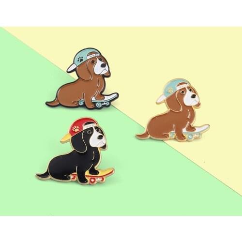 Hip-hop Dog Enamel Lapel Pins Black Brown Puppy Skateboarding Wearing a Hat Brooches Backpack Gift for Friend Custom Jewelry