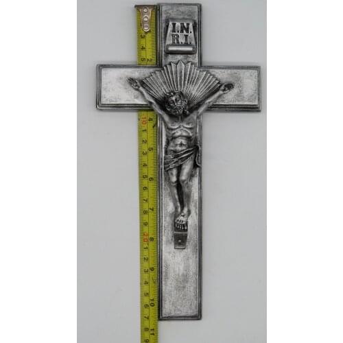 Catholic Resin Jesus Christ on INRI Cross Wall Crucifix Home Chapel Decoration 10.5 Inches Silver Antique Finish