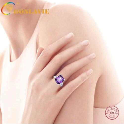 BONLAVI 925 Sterling Silve Square Amethyst Rings Women Jewelry Engagement Ring Wedding Bands