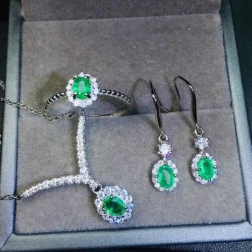 Fine Jewelry Natural Emerald 925 Sterling Silver Trendy Girl Pendant Necklace Chain Earrings Ring Set Support Test