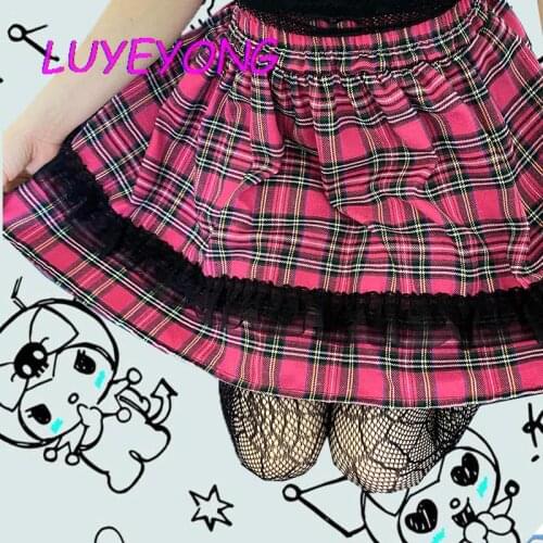 Lolita Lady Janpanese Harajuku Pleated Mini Skirts Y2k Girl Plaid Pink Skirt Black Lace Kawaii Korean Fashion Clothes High Waist