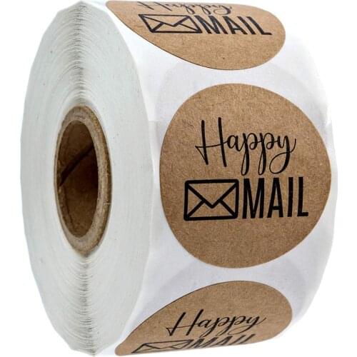 100-500 Pcs Happy Mail Stickers 1 Inch Adhesive Natural Kraft Paper Label Envelope Sealing Gift Box Packaging Decor Stickers