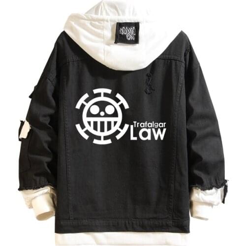 New Men Women Black Jeans Jacket Anime One Piece Law Denim Coat Sweatshirt Unisex Outwear Halloween Cartoon Cosplay Costume Tops