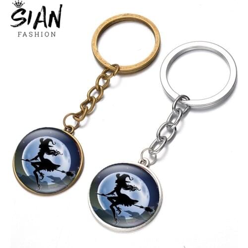 SIAN New Arrival Witch & Moon Keychain Cartoon Patterns Glass Cabochon Pendant Alloy Key Chain Ring Halloween Gift Goth Jewelry